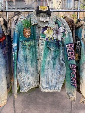 Vintage Tony Alamo 1987 HAWAII Bebe Sport Hand Painted Bedazzled Denim Jacket